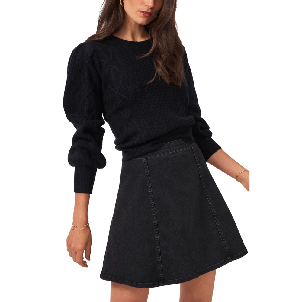 1.STATE Women's Size XL Black Textured Cable Knit Balloon Sleeve Sweater NWT